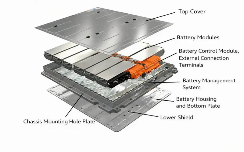 EV battery pack exploded view showing integrated liquid cooling plate location for BEV and HEV applications by ToneCooling