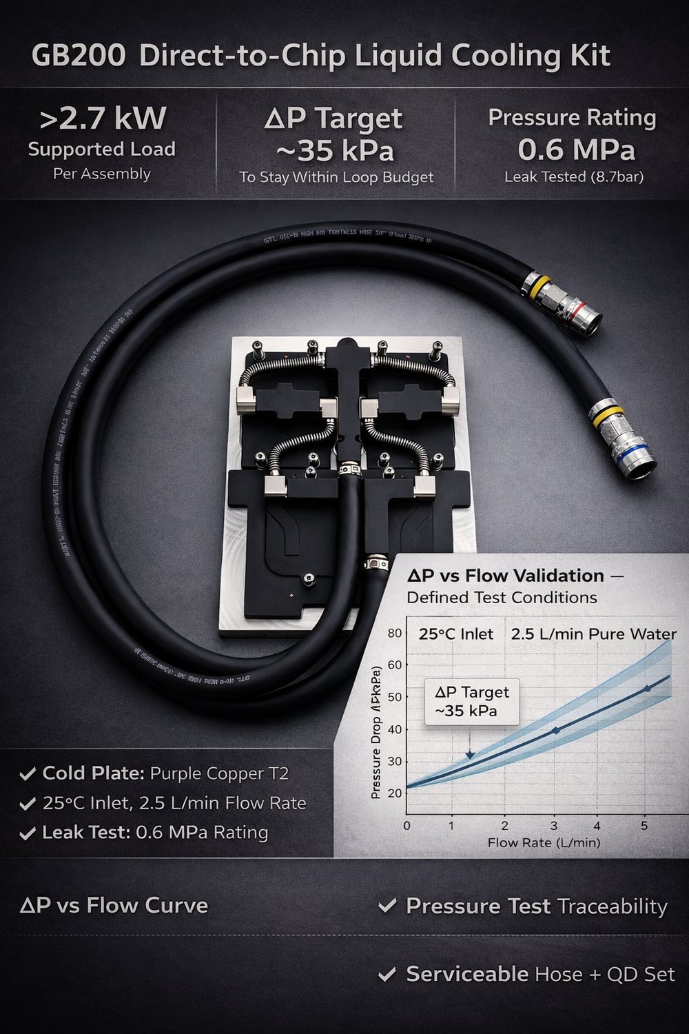 GB200 cooling kit pressure drop and flow rate validation curve at defined test conditions