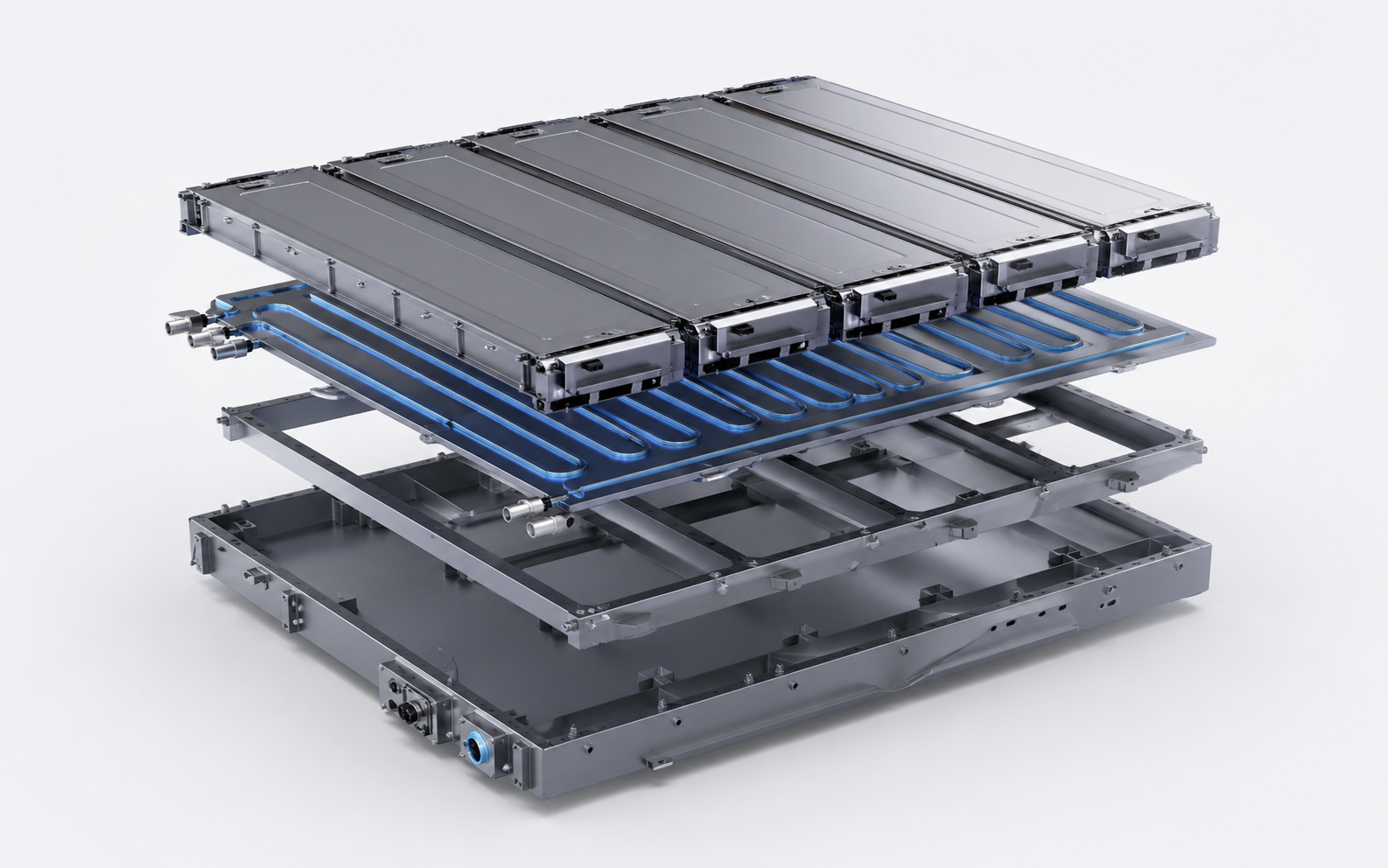 eVTOL aircraft battery pack with integrated liquid cold plate showing serpentine cooling channels for high C-rate thermal management